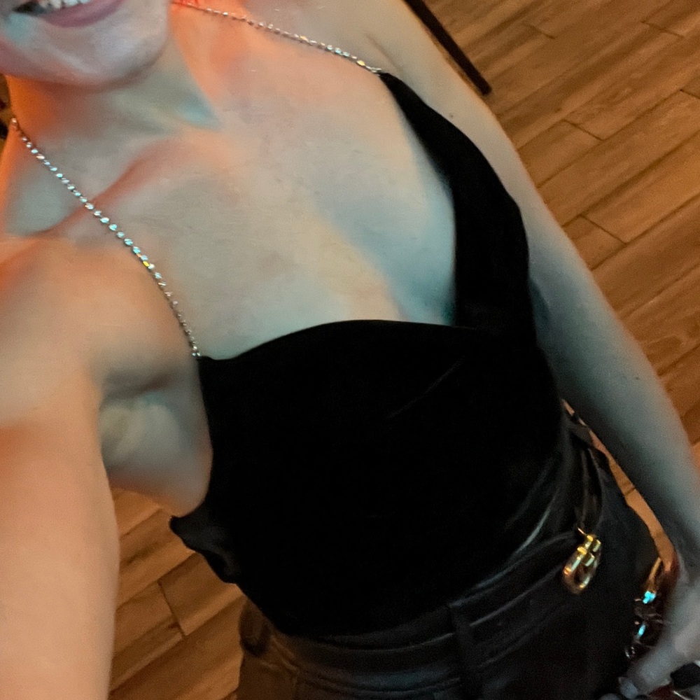 Zara Elegant Black Velvet Crop Top with Chain Straps
